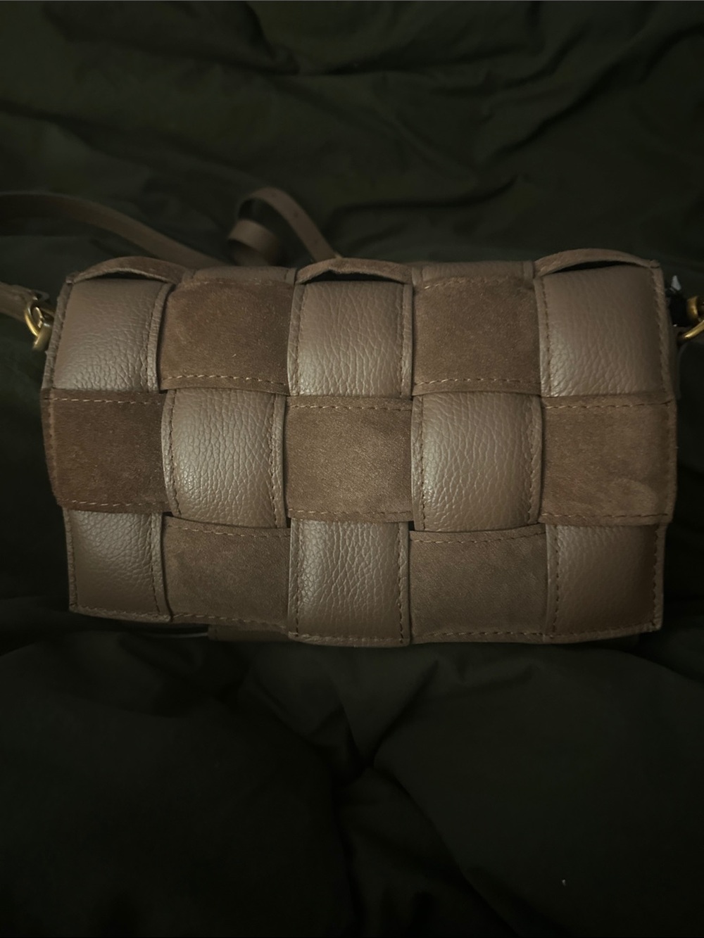 Woven Panel Crossbody Bag in Chocolate Brown leather and suede